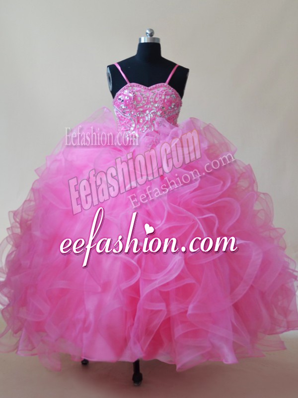  Rose Pink Glitz Pageant Dress Wedding Party with Beading and Ruffles Spaghetti Straps Sleeveless Lace Up