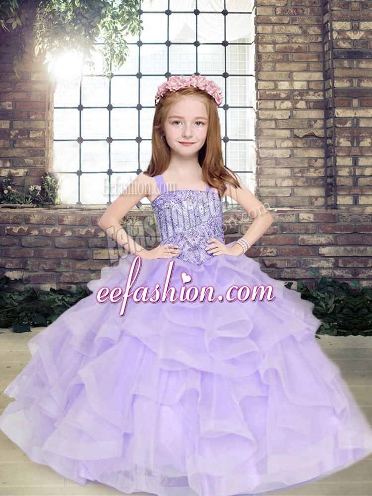  Floor Length Lavender Little Girls Pageant Dress Straps Sleeveless Lace Up