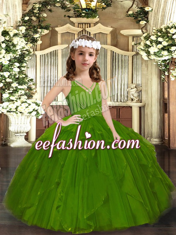  Sleeveless Tulle Floor Length Zipper Glitz Pageant Dress in Olive Green with Ruffles