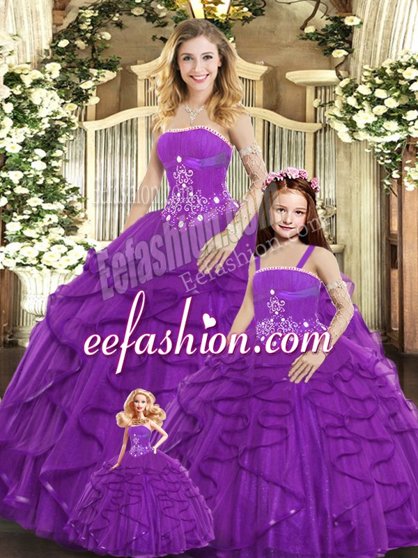 Purple Ball Gowns Tulle Strapless Sleeveless Beading and Ruffles Floor Length Lace Up Quinceanera Dresses