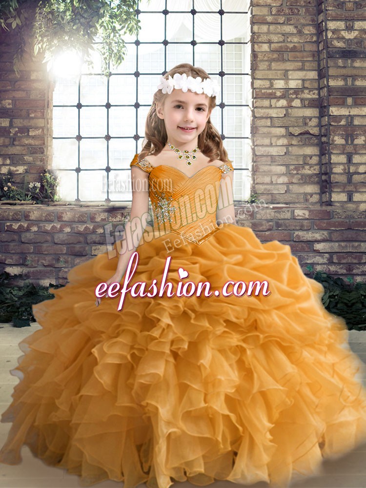  Floor Length Orange Little Girl Pageant Gowns Straps Sleeveless Lace Up
