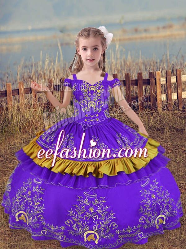 Custom Made Lavender Girls Pageant Dresses Wedding Party with Beading and Embroidery Off The Shoulder Sleeveless Lace Up