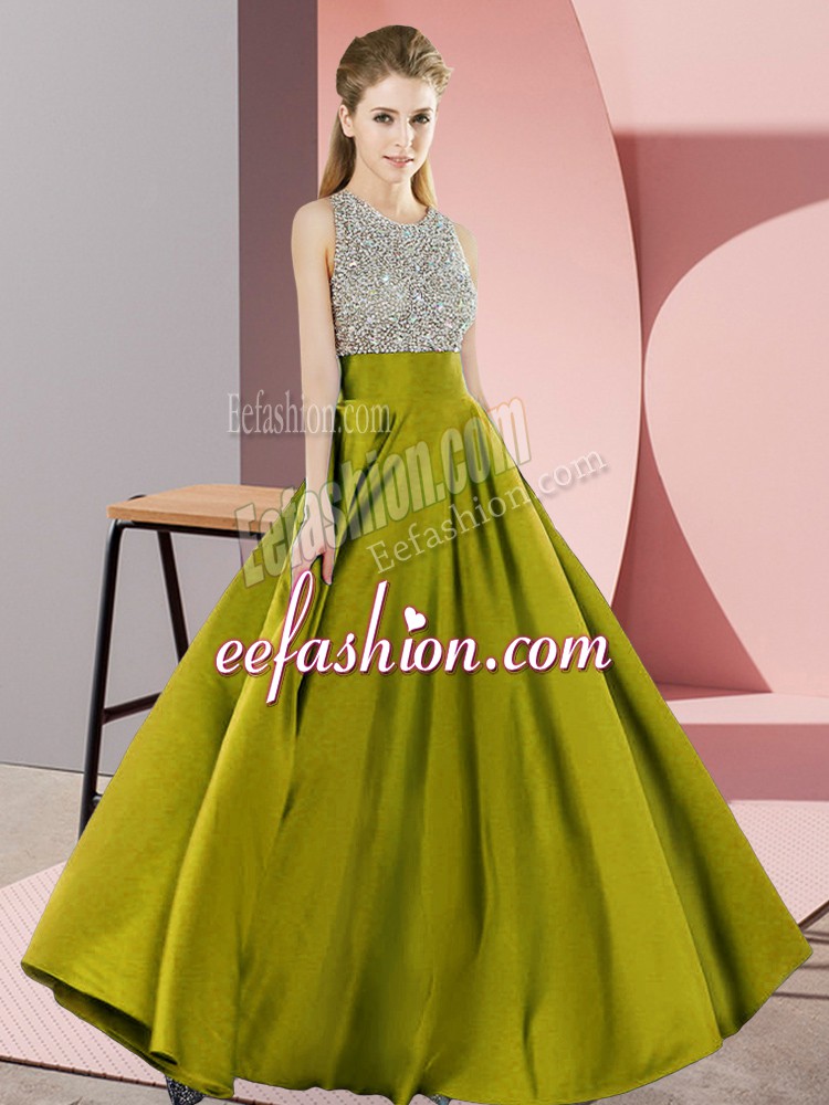  Empire Dress for Prom Olive Green Scoop Elastic Woven Satin Sleeveless Floor Length Backless