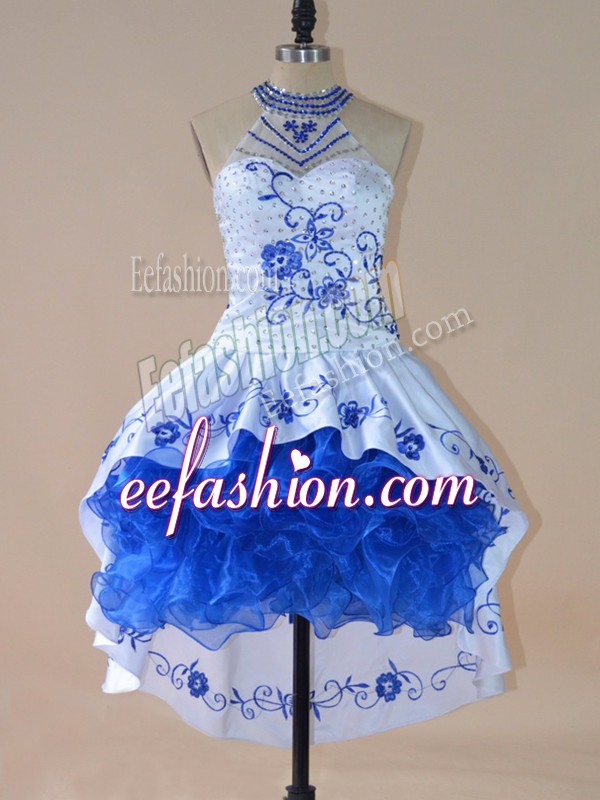 Traditional Royal Blue Dress for Prom Prom and Party and Military Ball with Embroidery and Ruffles Halter Top Sleeveless Lace Up