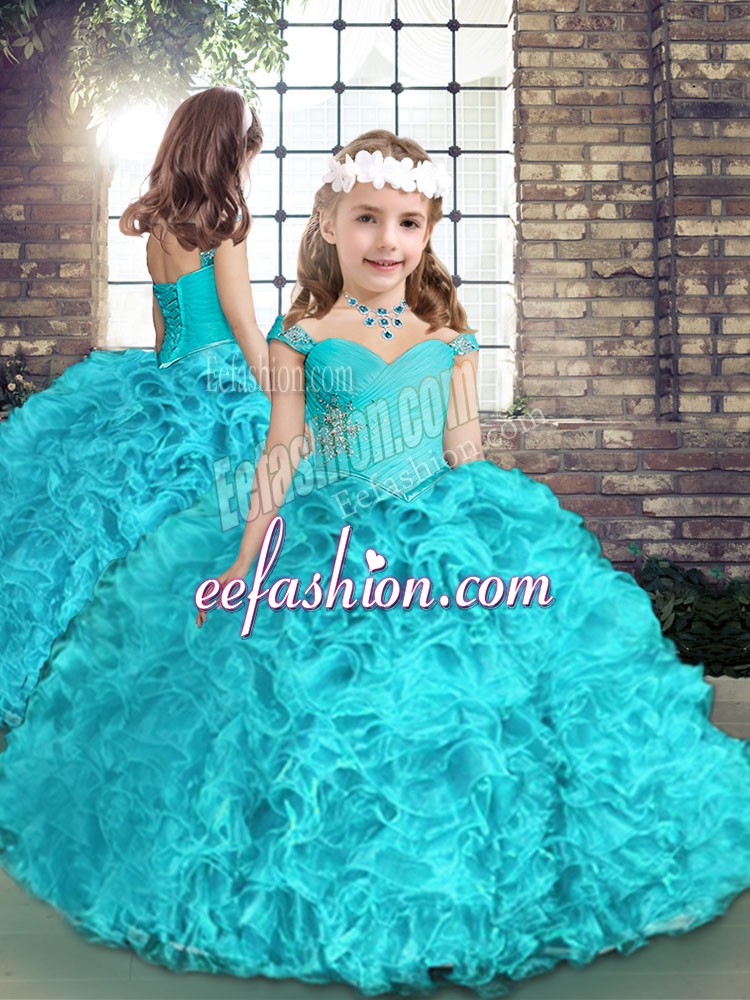 Charming Floor Length Aqua Blue Little Girls Pageant Gowns Straps Sleeveless Lace Up