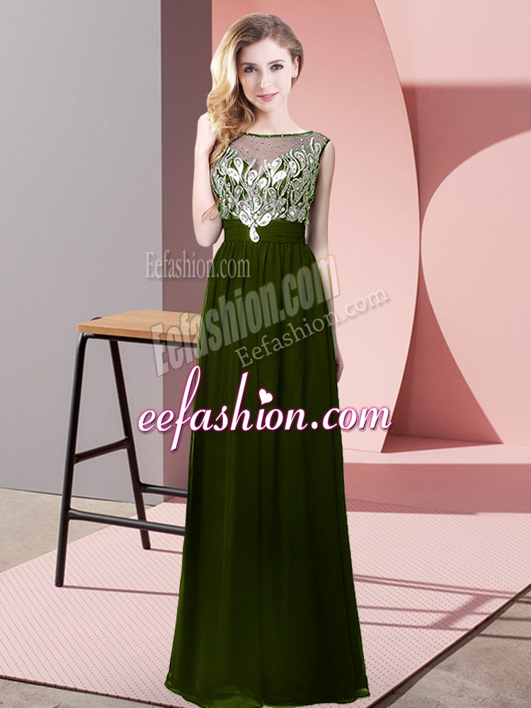  Olive Green Sleeveless Chiffon Backless Homecoming Dress for Prom and Party