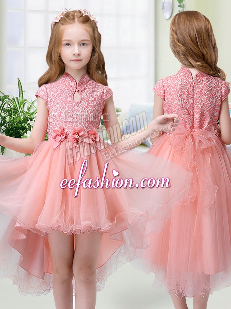  Peach Organza Zipper High-neck Cap Sleeves High Low Toddler Flower Girl Dress Lace and Hand Made Flower