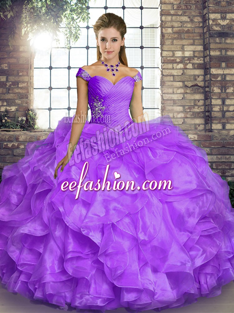 Top Selling Lavender Lace Up Off The Shoulder Beading and Ruffles Vestidos de Quinceanera Organza Sleeveless