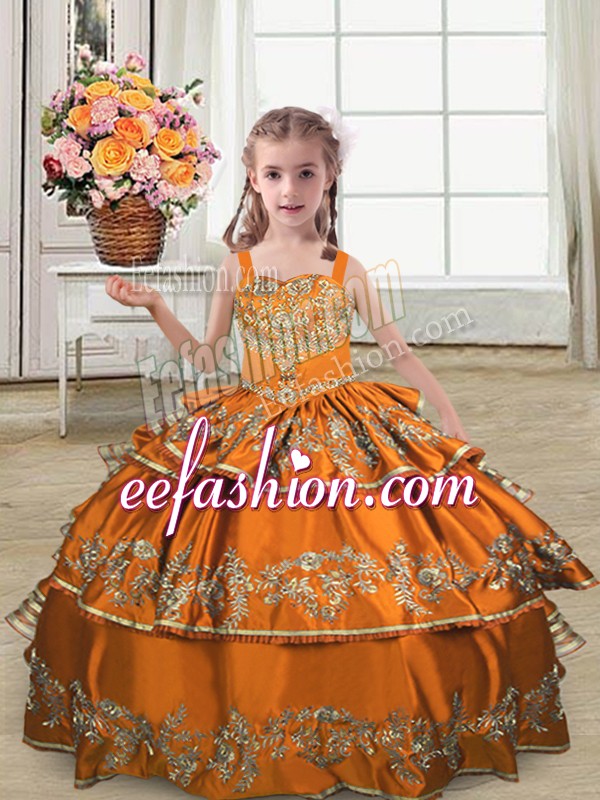 Low Price Orange Sleeveless Embroidery and Ruffled Layers Floor Length Kids Pageant Dress