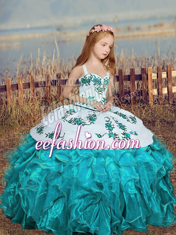 Cheap Ball Gowns Little Girls Pageant Dress Aqua Blue Straps Organza Sleeveless Floor Length Lace Up