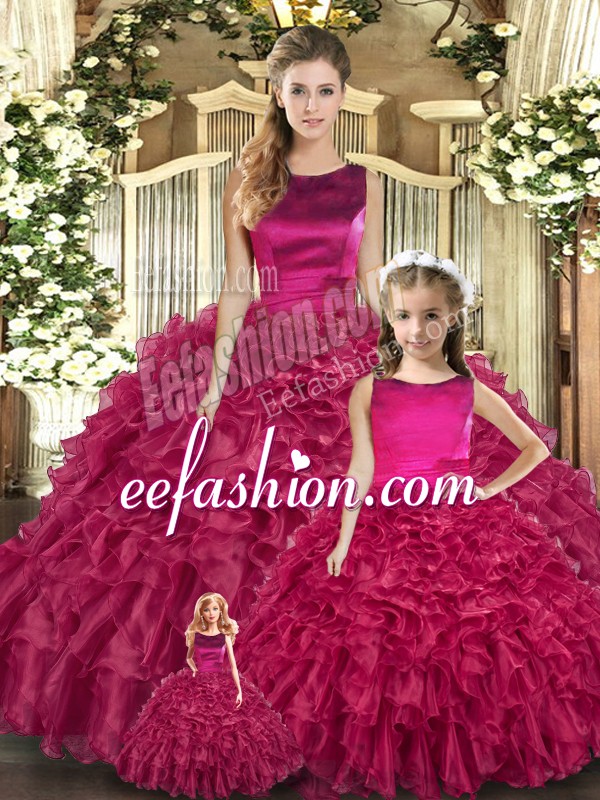 Enchanting Fuchsia Sleeveless Organza Lace Up Vestidos de Quinceanera for Military Ball and Sweet 16 and Quinceanera