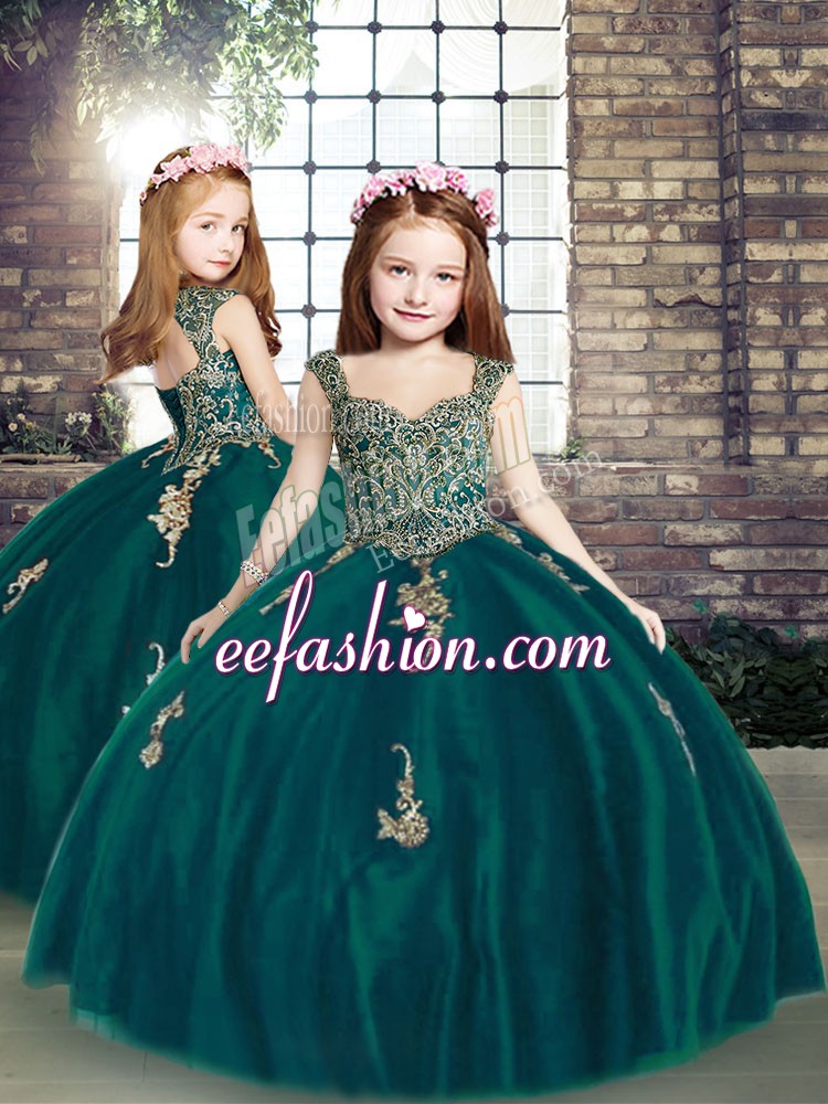  Peacock Green Little Girls Pageant Dress Wholesale Party and Wedding Party with Appliques Straps Sleeveless Lace Up