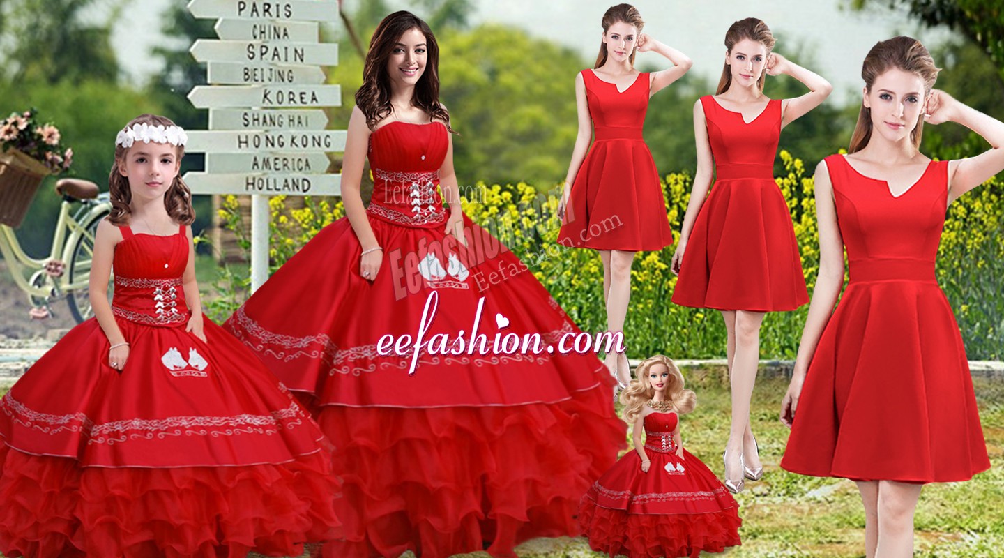 Ideal Strapless Sleeveless Sweet 16 Dress Floor Length Embroidery and Ruffles Red Satin and Organza