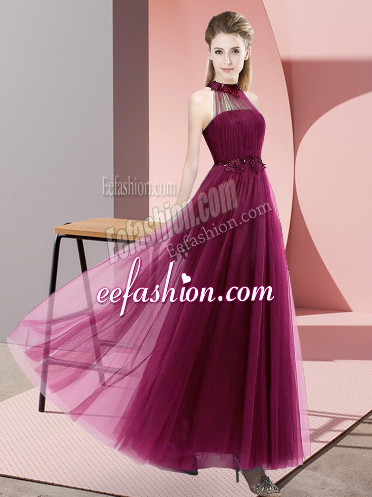  Tulle Halter Top Sleeveless Lace Up Beading and Appliques Bridesmaid Dress in Fuchsia