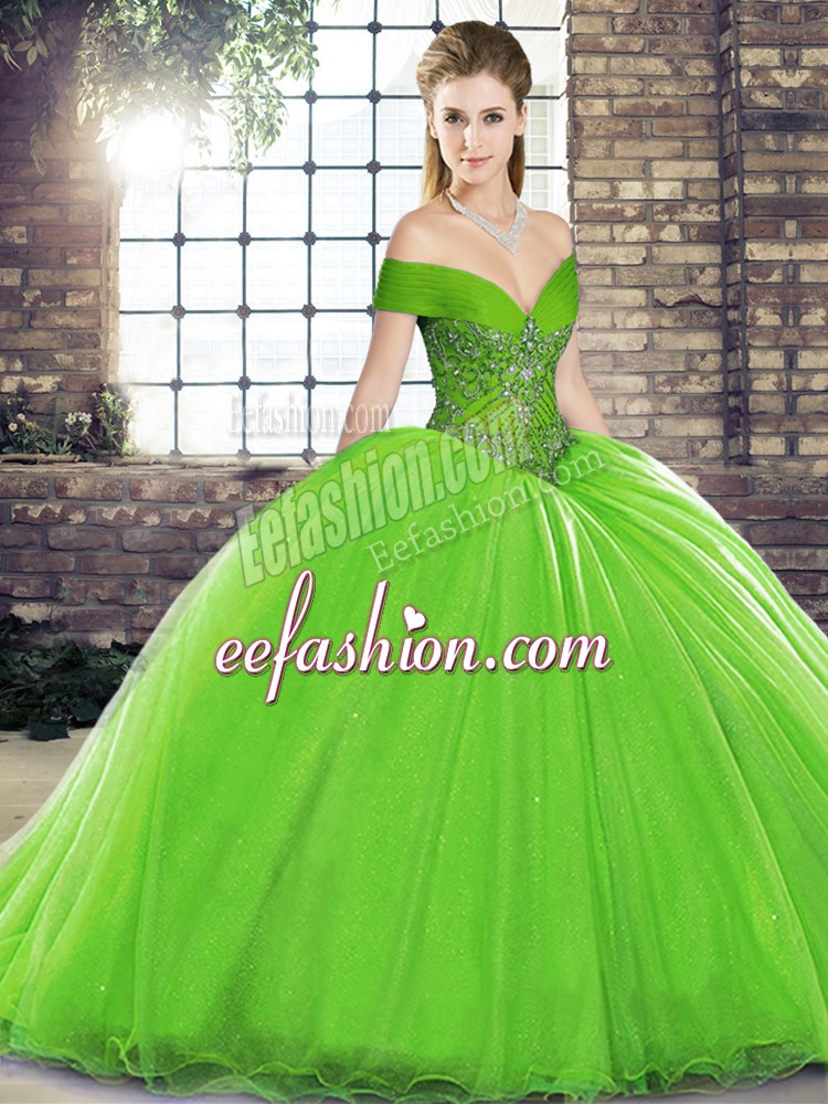  Ball Gowns Off The Shoulder Sleeveless Organza Brush Train Lace Up Beading Ball Gown Prom Dress