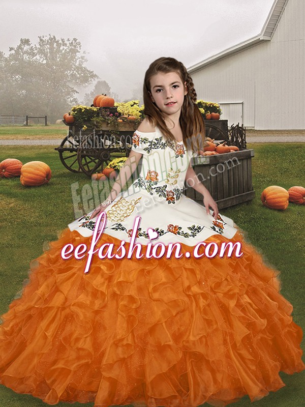 Perfect Orange Organza Lace Up Little Girls Pageant Dress Sleeveless Floor Length Embroidery and Ruffles