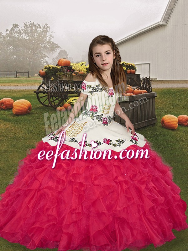 Exquisite Coral Red Mermaid Embroidery and Ruffles Girls Pageant Dresses Lace Up Organza Sleeveless Floor Length