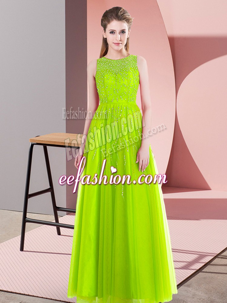 Flirting Yellow Green Empire Scoop Sleeveless Tulle Floor Length Side Zipper Beading Evening Dress