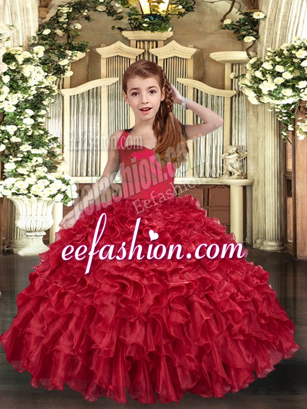  Floor Length Red Pageant Gowns For Girls Organza Sleeveless Ruffles