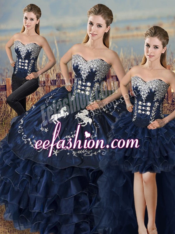 Beautiful Navy Blue Satin and Organza Lace Up Ball Gown Prom Dress Sleeveless Embroidery and Ruffles