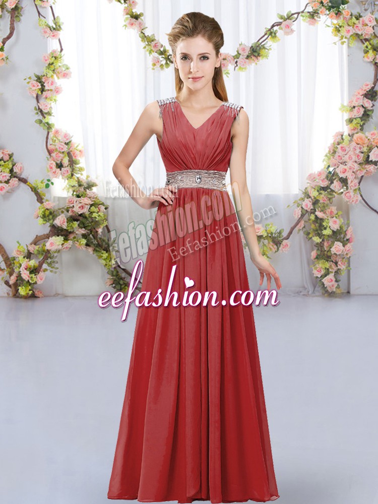 Dazzling Wine Red Chiffon Lace Up Dama Dress for Quinceanera Sleeveless Floor Length Beading and Belt