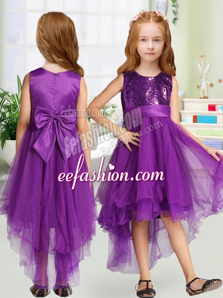 Clearance Purple Scoop Zipper Sequins and Bowknot Flower Girl Dresses Sleeveless