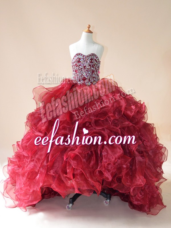  Ball Gowns Sleeveless Wine Red Kids Pageant Dress Brush Train Lace Up