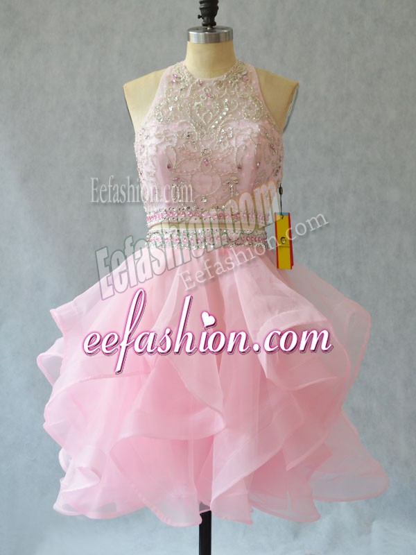Ideal Mini Length Backless Prom Dress Baby Pink for Prom and Party with Beading and Ruffles
