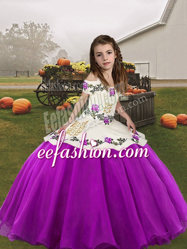  Purple Organza Lace Up Child Pageant Dress Sleeveless Floor Length Embroidery