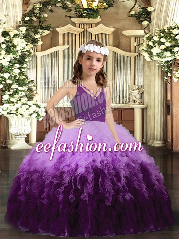 Perfect Multi-color Ball Gowns Tulle V-neck Sleeveless Ruffles Floor Length Zipper Little Girls Pageant Dress