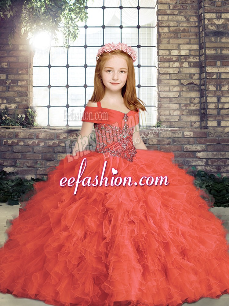  Red Lace Up Little Girls Pageant Gowns Beading Sleeveless Floor Length