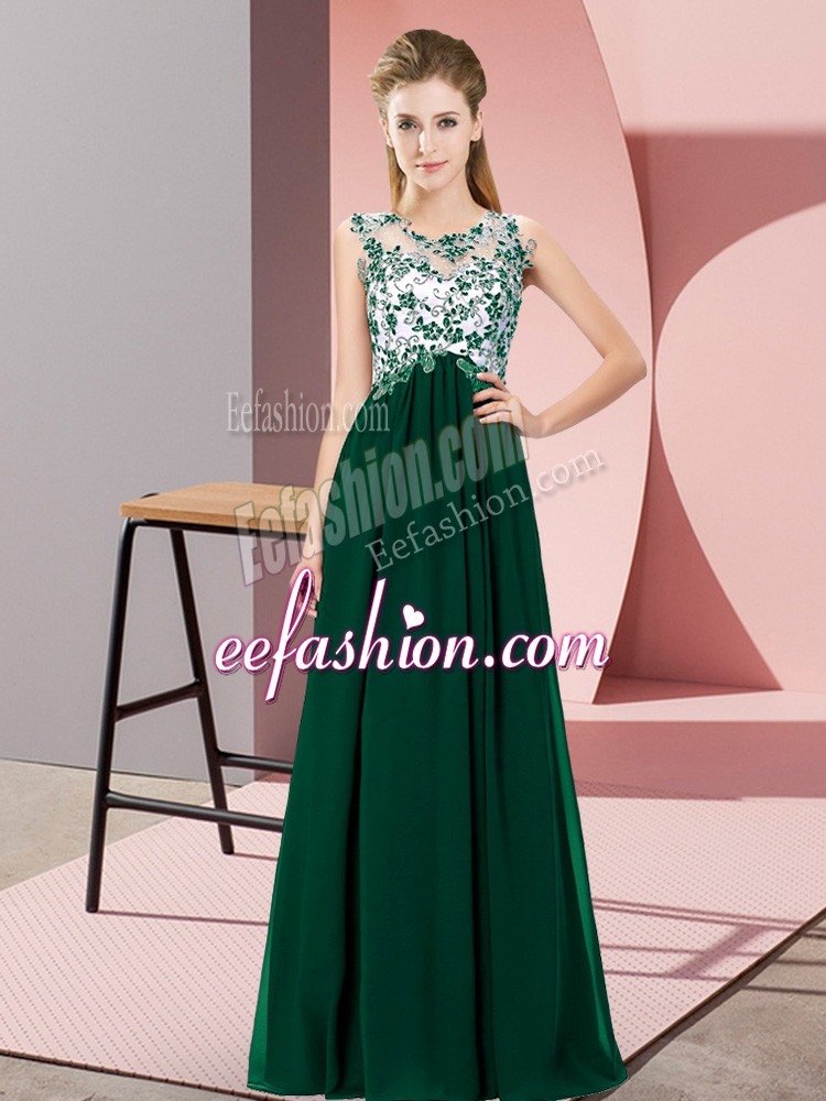 Latest Floor Length Zipper Quinceanera Court of Honor Dress Dark Green for Wedding Party with Beading and Appliques