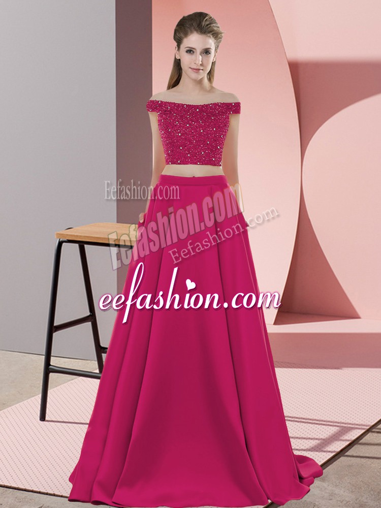  Off The Shoulder Sleeveless Sweep Train Backless Dress for Prom Hot Pink Elastic Woven Satin