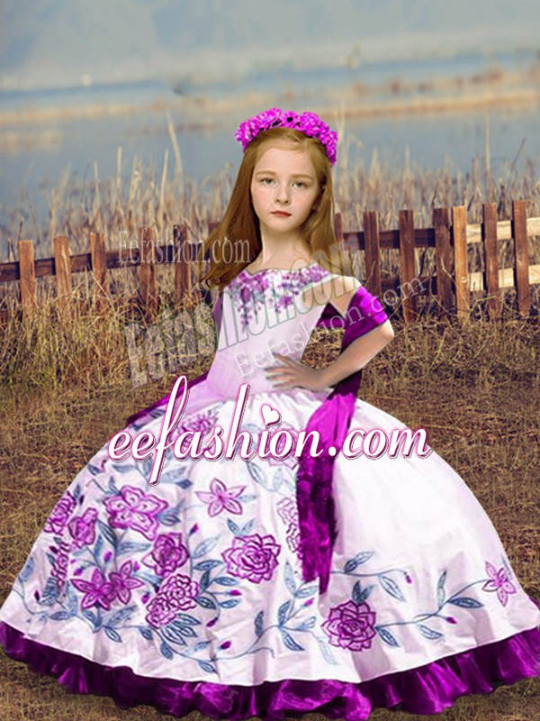  White Satin Lace Up Off The Shoulder Sleeveless Floor Length Kids Formal Wear Embroidery