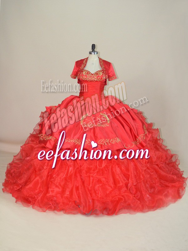  Red Lace Up Sweetheart Embroidery and Ruffles 15th Birthday Dress Satin and Organza Sleeveless Brush Train