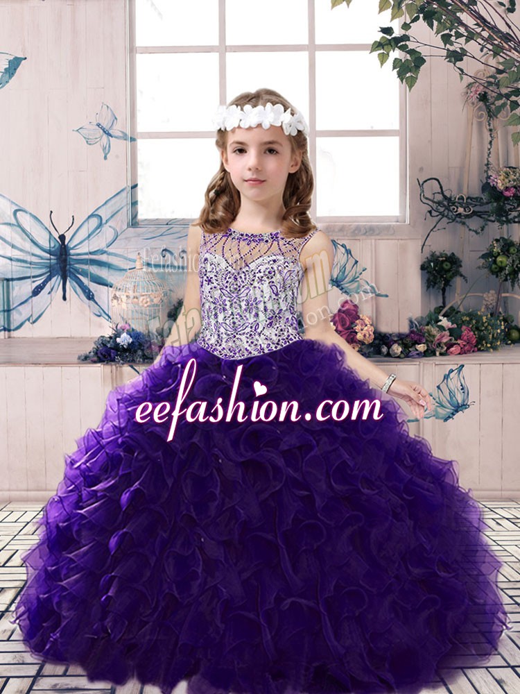 Elegant Beading and Ruffles Little Girl Pageant Dress Purple Lace Up Sleeveless Floor Length