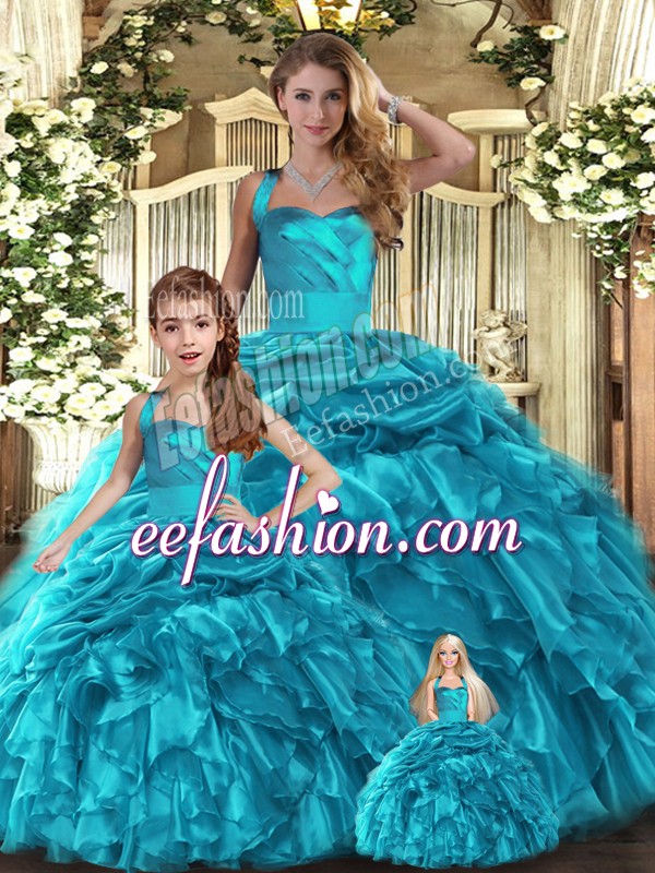 New Style Floor Length Ball Gowns Sleeveless Teal Quince Ball Gowns Lace Up