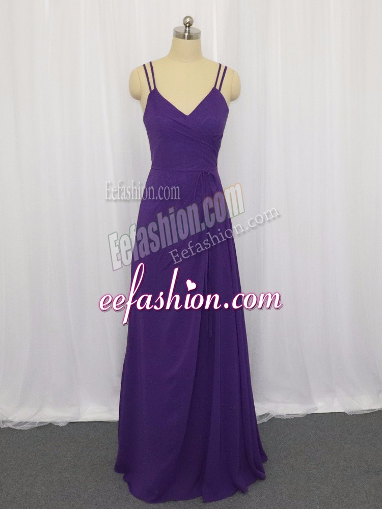 Free and Easy Empire Prom Dress Purple Straps Chiffon Sleeveless Floor Length Zipper