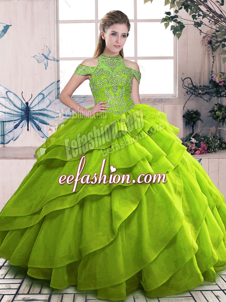  Olive Green Ball Gowns High-neck Sleeveless Organza Floor Length Lace Up Beading and Ruffled Layers 15 Quinceanera Dress