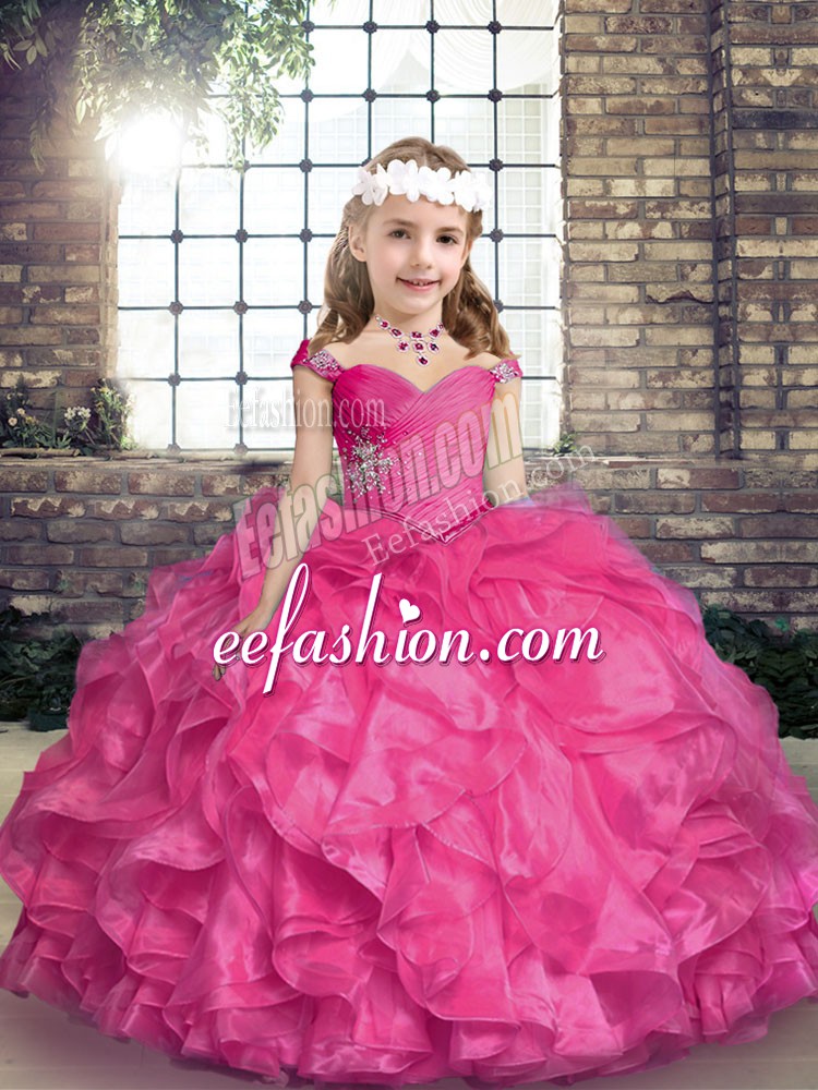  Hot Pink Ball Gowns Beading and Ruffles Kids Formal Wear Lace Up Organza Sleeveless Floor Length
