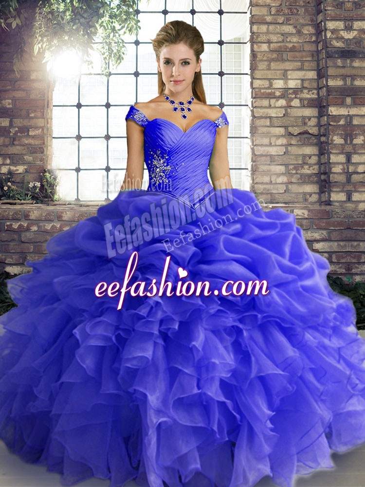  Beading and Ruffles and Pick Ups 15 Quinceanera Dress Blue Lace Up Sleeveless Floor Length