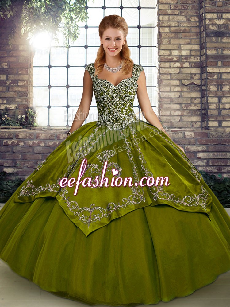 Customized Olive Green Sleeveless Floor Length Beading and Embroidery Lace Up Sweet 16 Quinceanera Dress