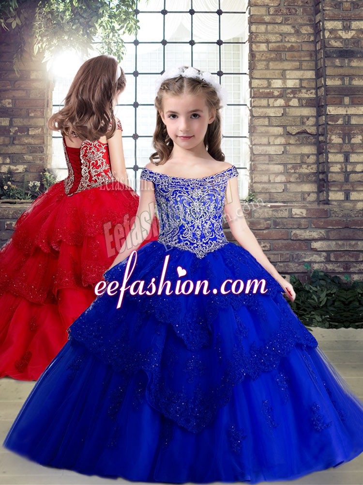 Exquisite Royal Blue Lace Up Off The Shoulder Sleeveless Floor Length Little Girl Pageant Dress Beading and Appliques