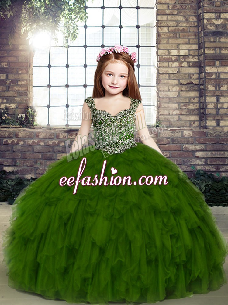 High Quality Beading and Ruffles Custom Made Pageant Dress Olive Green Lace Up Sleeveless Floor Length