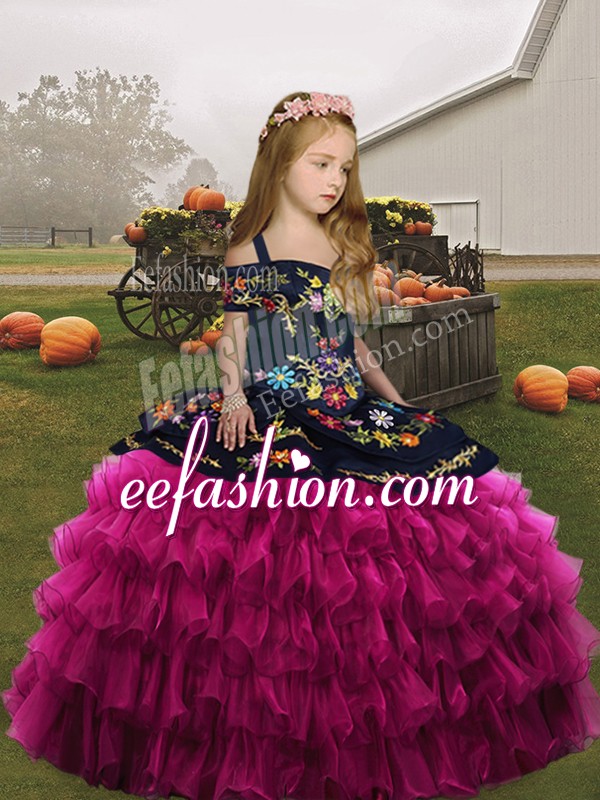  Organza Sleeveless Floor Length Child Pageant Dress and Embroidery and Ruffles