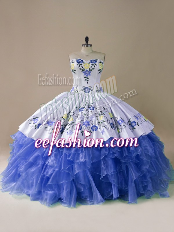 Shining Blue And White Lace Up Sweetheart Embroidery and Ruffles 15th Birthday Dress Satin and Organza Sleeveless Brush Train