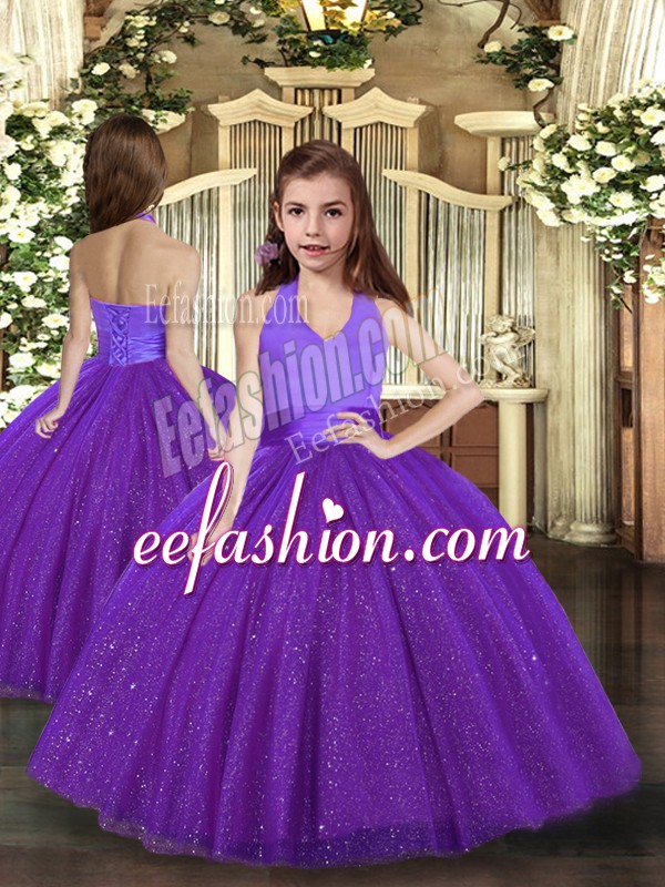 Popular Purple Sleeveless Floor Length Ruching Lace Up Pageant Dress for Womens