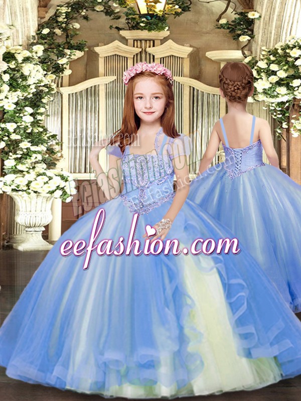  Sleeveless Floor Length Beading Lace Up Little Girl Pageant Dress with Blue