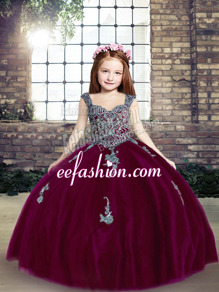  Floor Length Fuchsia Little Girl Pageant Dress Tulle Sleeveless Appliques