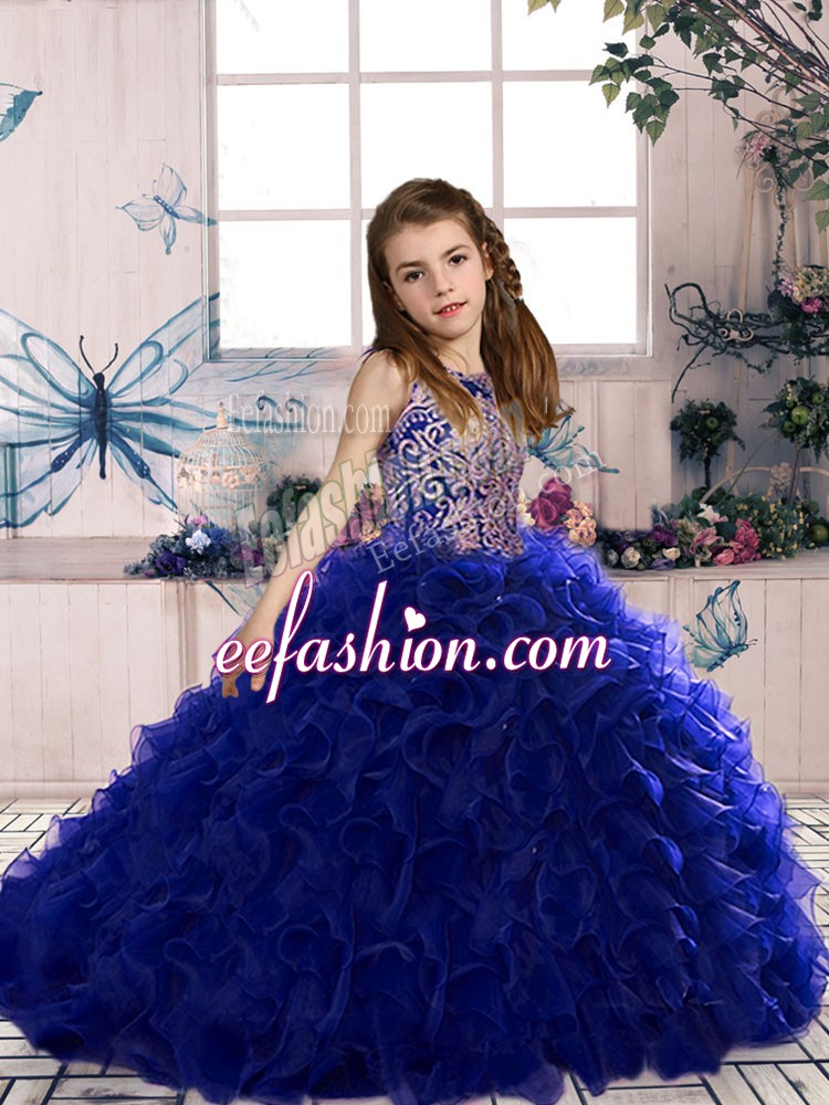 Customized Royal Blue Ball Gowns Beading and Ruffles Kids Formal Wear Lace Up Organza Sleeveless Floor Length